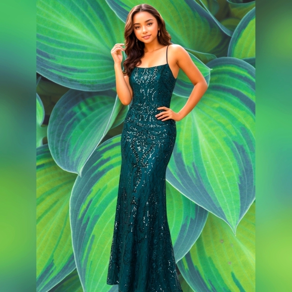 PromGirl Rated PG - Green Statement-Back Long Sequin Prom Dress